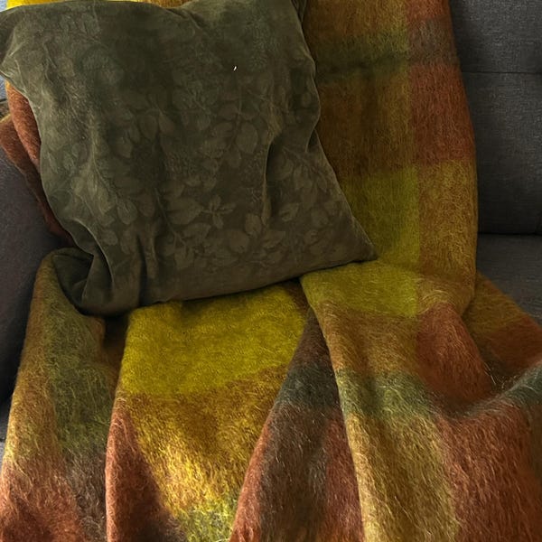 Può includere: Un cuscino verde con un motivo floreale poggia su una coperta colorata. La coperta presenta un gradiente di tonalità gialle, arancioni e marroni, creando un'atmosfera calda. La coperta ha un bordo sfrangiato, che aggiunge consistenza.
