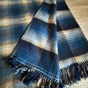 Vintage Plaid Reversible Throw Blanket Blue Brown HEAVY WOOL Fringed 60x82