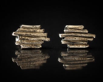 Mens Sterling Silver Stud Earrings Textured Rustic Minimalist Oxidized