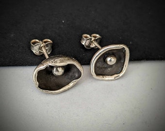 Unusual Abstract Post Modern Floral Earrings, Hand Hammered Rustic Studs, 925 Sterling Silver, Oxidized Patina Finish Studs, Unique Gift