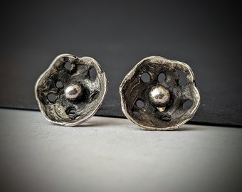 Organic Silver Stud Earrings, Unusual Abstract Post Modern Floral Earrings, Rustic 925 Sterling Silver, Oxidized Patina Finish Silver Studs