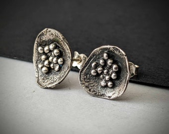Organic Dotty Silver Studs, Unusual Abstract Post Modern Floral Earrings, Rustic 925 Sterling Silver, Hand Hammered, Oxidized Patina Finish