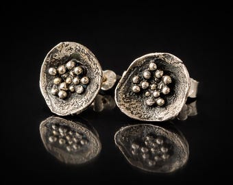 Oxidized Silver Flower Stud Earrings Sterling Silver Textured Minimalist Floral Jewelry
