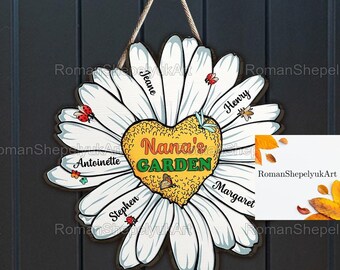 Nana Mom Auntie Family Daisy Plaque en bois à 2 couches, panneau de porte de bienvenue avec noms d’enfants personnalisés, décor de panneau en bois, panneau en bois mère personnalisé