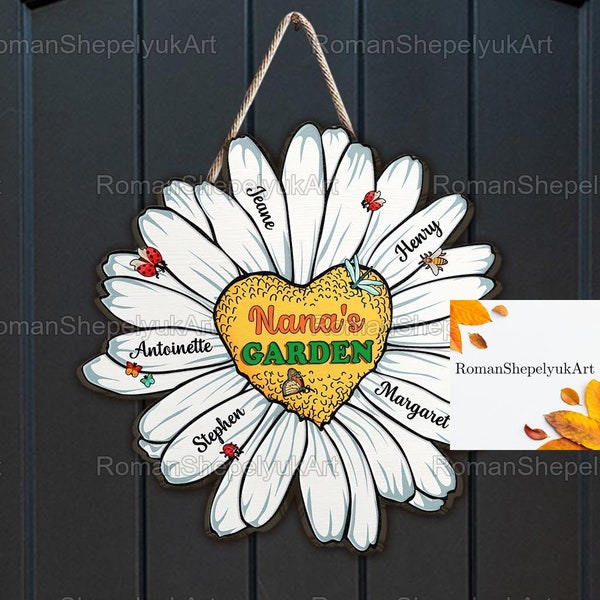 Nana Mom Auntie Family Daisy 2-Layer Wooden Plaque, Custom Kids Names Welcome Door Sign, Wood Sign Decor, Custom Mother Wood Sign