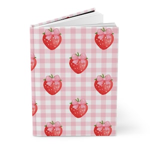 Cute Pink Strawberries Hardcover Journal Matte | Aesthetic Coquette Journal Pink Strawberries