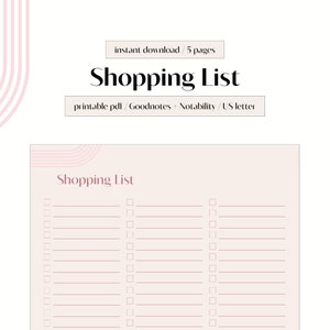May include: A printable shopping list template with a pink and beige colour scheme. The template has a title that says "Shopping List" and has multiple lines for writing down items to buy.