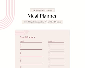 Planificador de comidas, Planificador de comidas digital, Lista de la compra, Plan de comidas semanal, Planificador de alimentos, Salud y forma física, Planificador minimalista, Imprimible