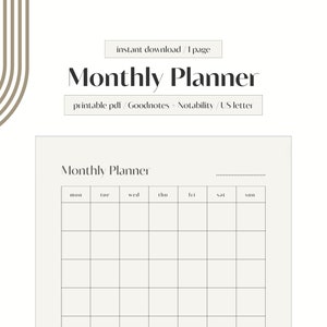 May include: A printable monthly planner in a minimalist style with a beige background and black text. The planner includes a calendar grid with days of the week labeled: Mon, Tue, Wed, Thu, Fri, Sat, Sun.