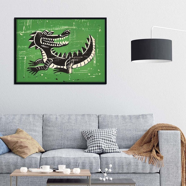 Impresión de arte de cocodrilo sonriente retro - Decoración de pared de cocodrilo de inspiración vintage - Ilustración de reptiles estilo década de 1960 - Póster de animales peculiares