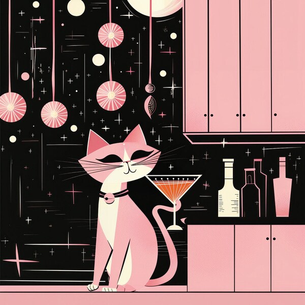 Retro Chic Cat Cocktail Party Art Print - Mid-Century Modern Cat with Martini Illustration - Vintage Style Feline Bar Scene, Vintage Decor