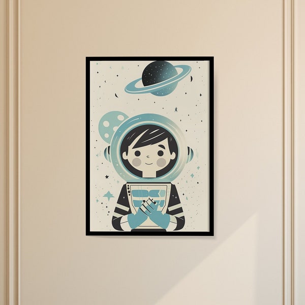 Retro Space Boy Art Print - Mid-Century Modern Astronaut Illustration - Vintage Cosmic Child Wall Art - Downloadable Space Decor - SpaceArt