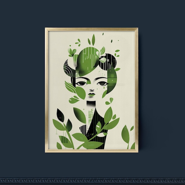 Mid-Century Modern Woman and Nature Illustration, Retro Art Poster, Green Vintage Female Portrait, Abstract Woman Face with Leaves, Wall Art
