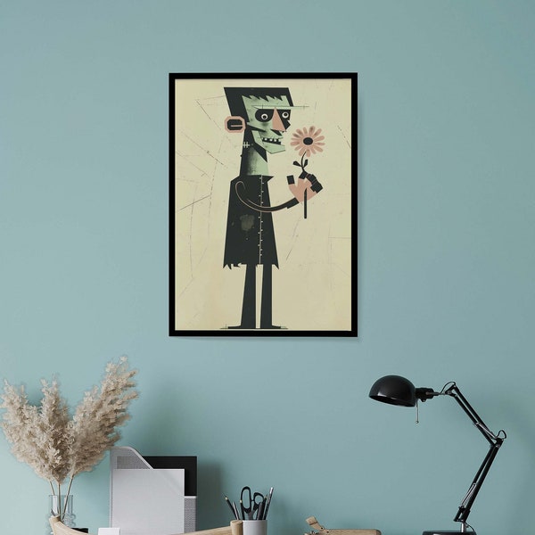 Retro Frankenstein with Flower Art Print - Vintage Monster Illustration - Classic Horror Character Poster - Mid-Century Gothic Decor