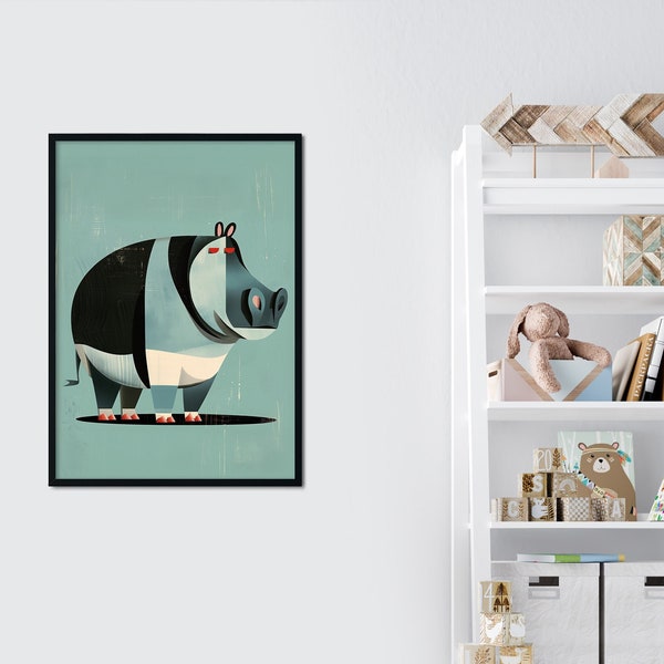 Stylized Retro Hippo Illustration - Mid-Century Modern Hippopotamus Art - Whimsical Animal - Vintage Style Hippopotamus - Nursery Art