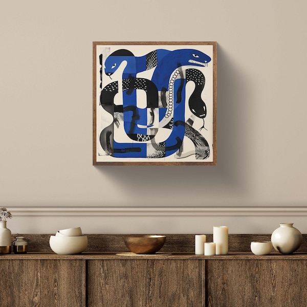 Impresión de arte de serpiente retro abstracta - Ilustración de serpiente modernista azul y negra - Diseño de reptil geométrico vintage - Decoración moderna de mediados de siglo