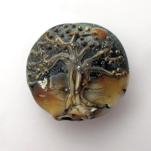 Tree of Life Lampwork Focal Bead  Lentil Shape on Gray with flat back