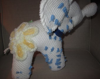 White, blue and yellow elephant stuffed animal made from Vintage Chenille bedspread