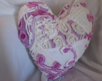 PATCHWORK HEART PILLOW made from vintage chenille bedspread