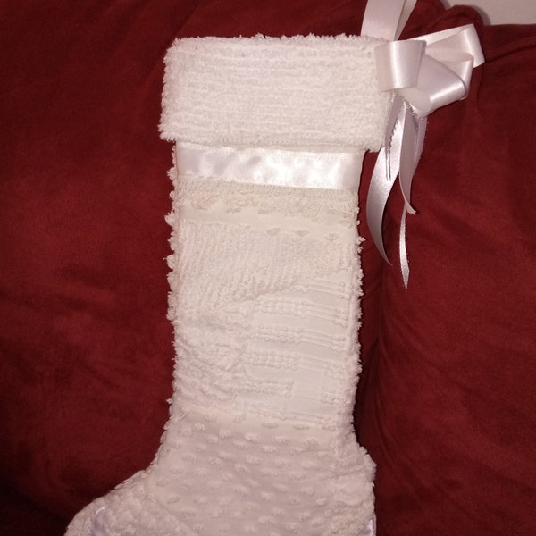 Patchwork Chenille Upcycled Christmas Stocking all White