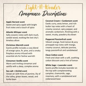 May include: A white background with a list of different scents and their descriptions. The scents are: Apple Harvest, Atlantis Whisper, Christmas Warmth, Cinnamon Vanilla, Sea Salt + Orchid, Coconut Cream + Cardamom, Peppered Passionfruit, Clean Cotton, White Sage + Lavender.