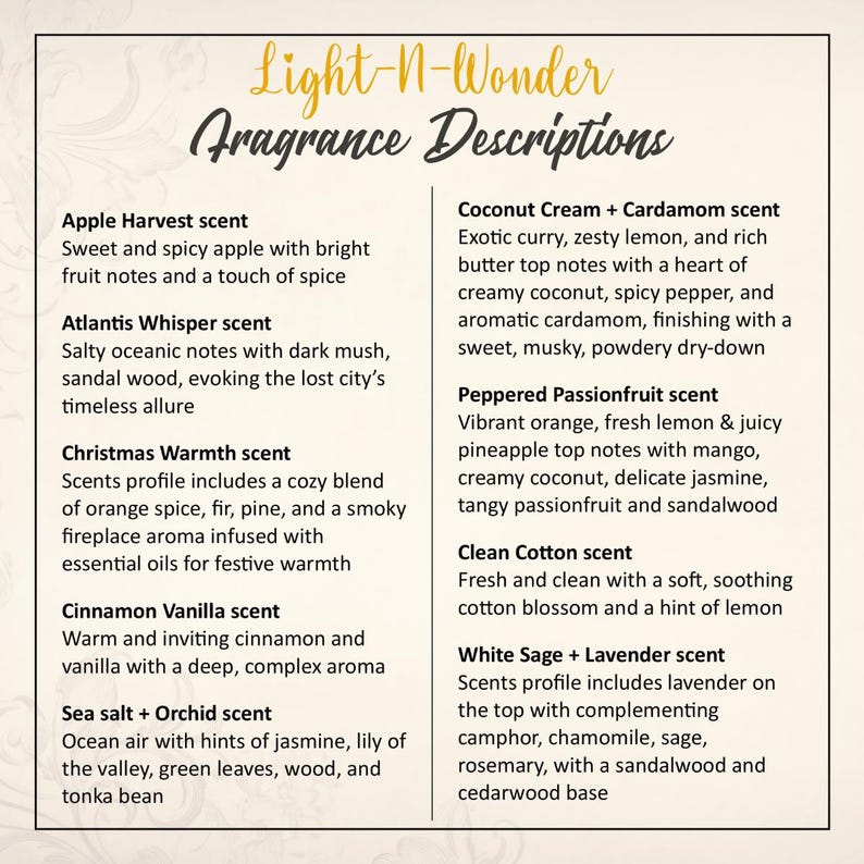 May include: A white background with a list of different scents and their descriptions. The scents are: Apple Harvest, Atlantis Whisper, Christmas Warmth, Cinnamon Vanilla, Sea Salt + Orchid, Coconut Cream + Cardamom, Peppered Passionfruit, Clean Cotton, White Sage + Lavender.