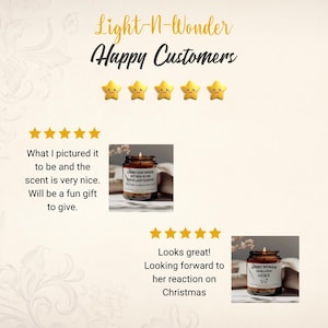 May include: Two customer reviews for a candle company called "Light-N-Wonder". The first review shows a candle with the text "Light this when my son is on your last nerve". The second review shows a candle with the text "Every woman needs a little "WINE"Y". Both reviews have five stars.
