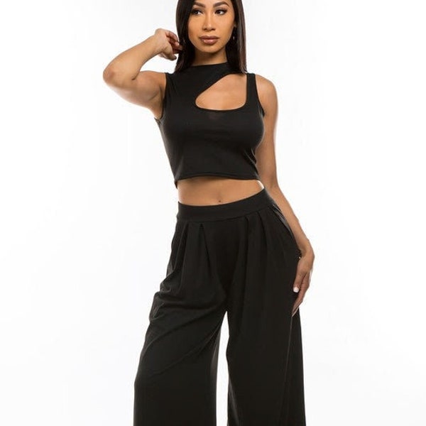 Wide Leg Pants and Crop Top Set for Summer, Chic Suit for Party, Side Shoulder Crop Top, Flare Pants Outfit, Elegant Two Piece set