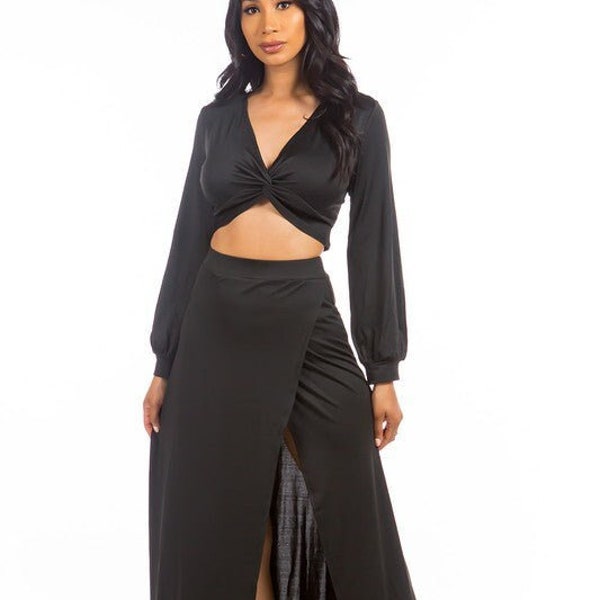 Chic Matching Crop Top and Slit Maxi Skirt Set, Summer Outfit, Long Sleeve Top, Elegant Two Piece Set, Boho Outfit Beach, Maxi Yoga Skirt