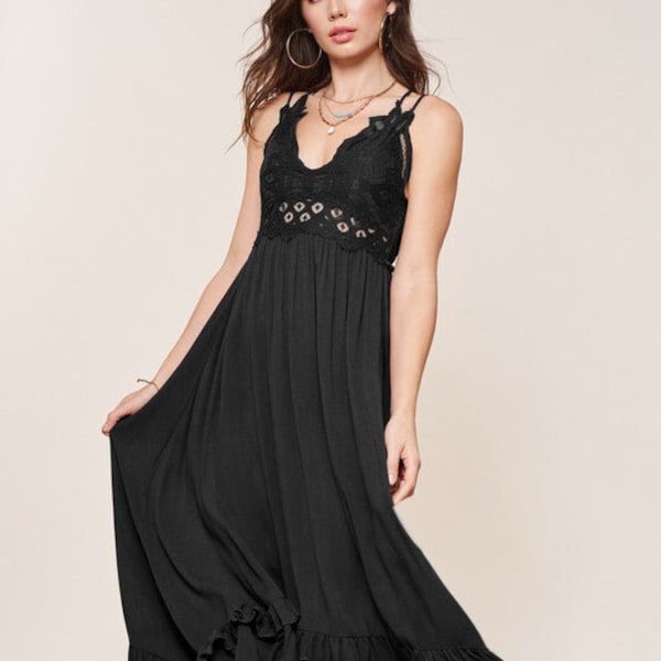 Enchanting Boho Crochet Lace Trim Slip Dress, Elegant Summer Wedding, Gypsy Festival Wear, Romantic Bohemian Maxi Dress, Goddess Dress