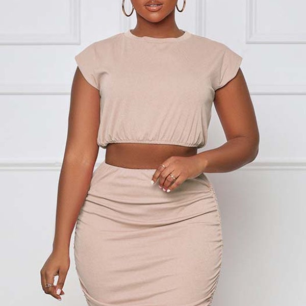 Khaki Crop Shirt and Skirt Set, Summer Outfit, Vacation Matching Set, Going Out Ensemble, Two Piece Set, Midi Skirt Matching Outfit