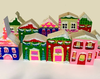 Small Wooden hand-painted Houses in Winter decoration