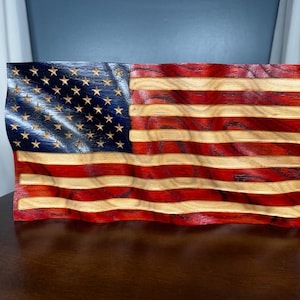 Wooden American Flag, CNC Wave Carved Solid Oak, Fire Burned, Hand Painted, Veteran Made Ohio, Patriotic Gift, 13.5 inch, Ready to Hang