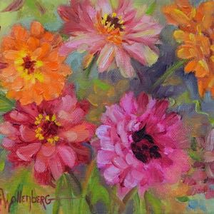 May include: An original oil painting of a bouquet of zinnias in shades of orange, pink, and red. The flowers have yellow centers and green stems, set against a background of green and blue brushstrokes. The artist's signature is in the lower left corner.