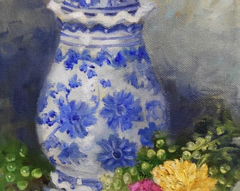 Blauer und weißer Weidenkanister mit floraler Verzierung, 17,8 x 23,5 cm, Original-Ölgemälde von Cheri Wollenberg