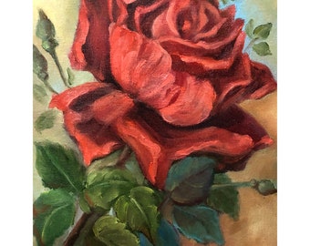 Einzelne rote Rose Original 8x10 Ölgemälde