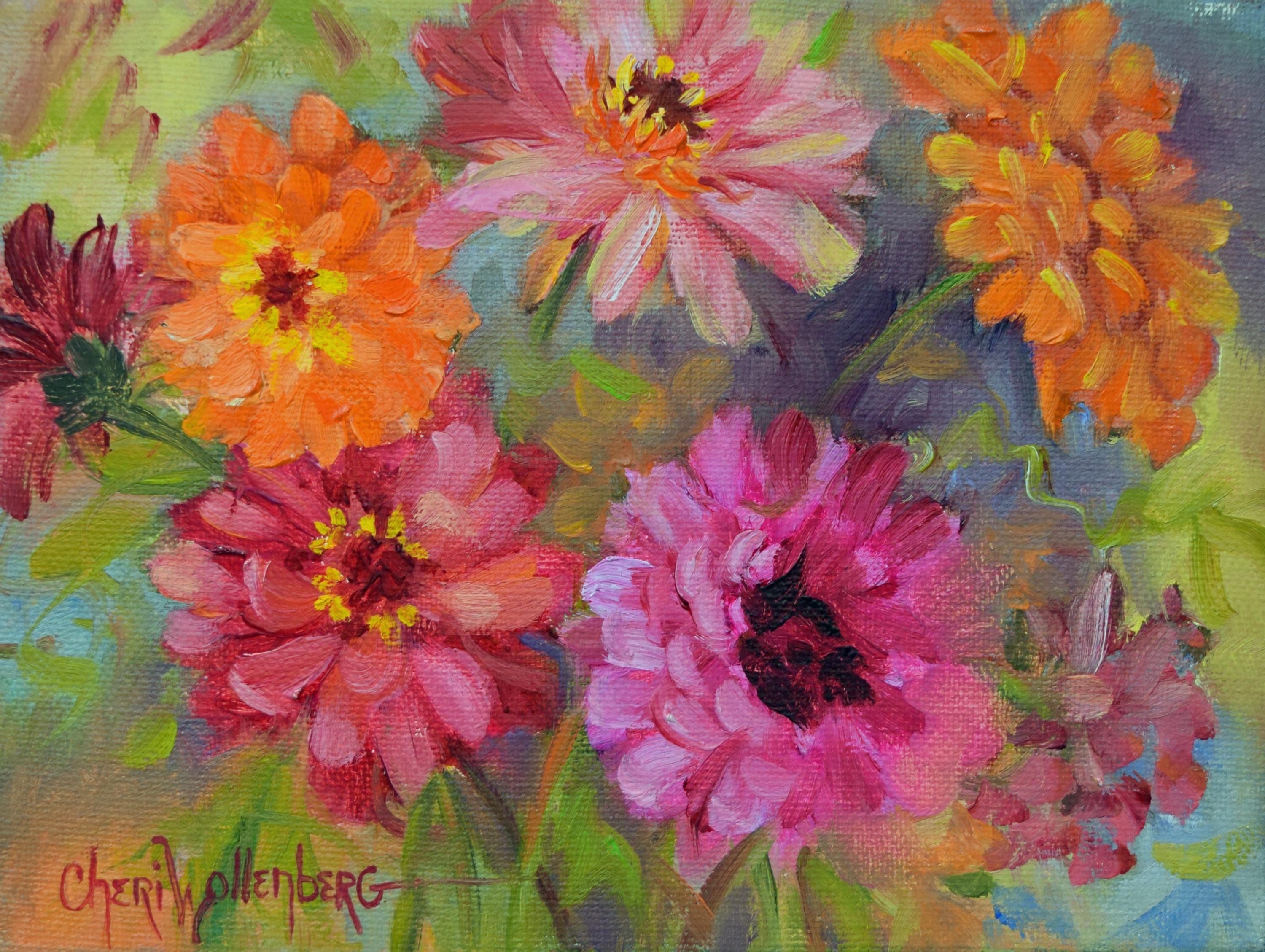 Happy Zinnias - Zinnia Floral Arrangement - A 6x8x.50 Inches