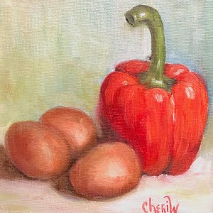 Peinture à l'huile originale 5 x 5 de poivrons rouges et d'oeufs de poule frais par Cheri Wollenberg