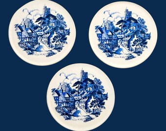 3 Vintage Tiles Delft Blue And White HR Johnson Village Scene England 3.5 Inch
