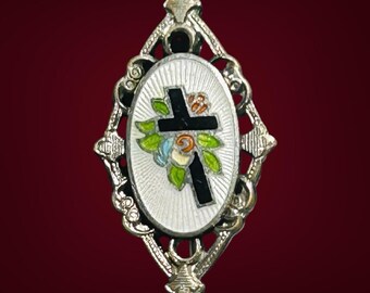 Vintage Cross Brooch Pin Enameled Floral Guilloche  Mourning Remembrance Religious C Clasp