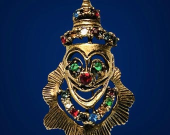 Vintage Rhinestone Clown Brooch Pin Figural Gold Tone Creepy Circus Halloween