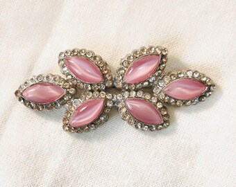 Vintage Rhinestone Brooch Pot Metal Pink Silver Tone Floral Butterfly READ