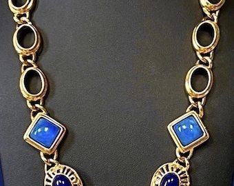 Vintage Gold Tone Necklace Blue Cabochon Etruscan Revival Filigree Statement
