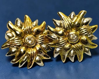 Vintage Sunburst Sunflower Earrings Clip On Gold And Silver Tone Sun Celestial