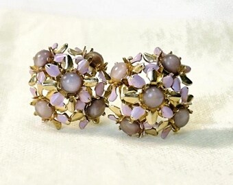 Vintage Earrings Purple Enamel Flowers Moonglow Gold Tone Screw Back Dainty