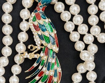 Vintage Faux Pearl Necklace Bird Brooch Clasp Rhinestone Enamel Statement READ