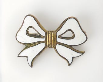 Antique Ribbon Bow Pin White Enameled Art Nouveau Womens Temperance Movement WCTU