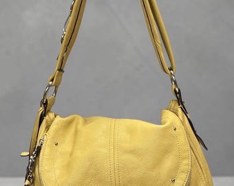 Leather Hobo Shoulder Bag Yellow Conv Strap Silver Tone B Makowsky Y2K READ