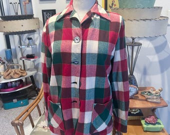 1940s Jacket : green and red plaid 49er (M L ) wool - 40s