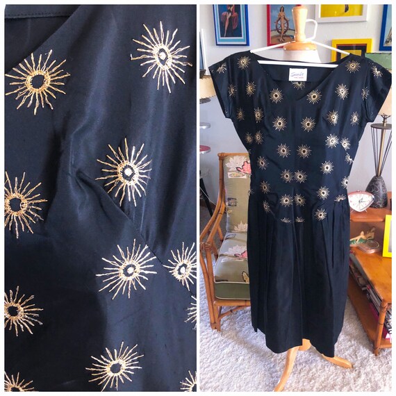 1950s Starburst Dress / 50s black embroidered dres